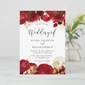 エレガントな赤いバラ ゴールドの葉 ウェディング 招待状 (スタンド正面)