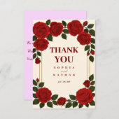 エレガントな赤いバラ & ゴールドフレーム 結婚式 サンクス サンキューカード (正面/裏面)