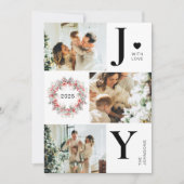 エレガントな赤いホリーデイジー 3 枚の写真で喜びのクリスマス シーズンカード (正面)