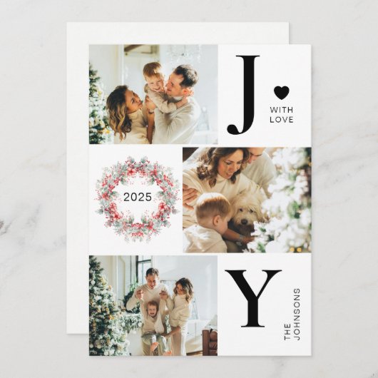 エレガントな赤いホリーデイジー 3 枚の写真で喜びのクリスマス シーズンカード (正面/裏面)