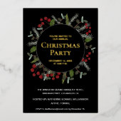 エレガントな赤いホリーデコレーションのクリスマスパーティー招待状 箔シーズンカード (正面)