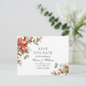 エレガントな赤いポインセチアと松のクリスマス ウェディング セーブ・ザ・デート 案内ポストカード (スタンド正面)