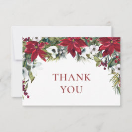 エレガントな赤いポインセチアと松の水彩画 サンキューカード