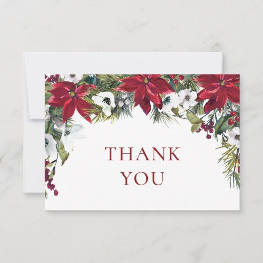 エレガントな赤いポインセチアと松の水彩画 サンキューカード (正面)