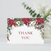 エレガントな赤いポインセチアと松の水彩画 サンキューカード (スタンド正面)