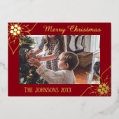 エレガントな赤いポインセチアのクリスマス写真 箔シーズンカード (正面)