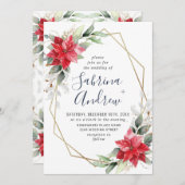 エレガントな赤いポインセチアの冬のグリーンウェディング招待状 招待状 (正面/裏面)