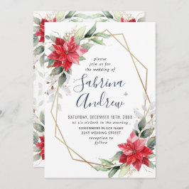 エレガントな赤いポインセチアの冬のグリーンウェディング招待状 招待状