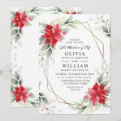 エレガントな赤いポインセチアの冬のグリーンウェディング 招待状 (正面/裏面)