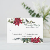 エレガントな赤いポインセチアの水彩画 松の毛皮のウェディング 出欠カード (スタンド正面)
