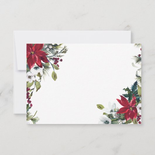 エレガントな赤いポインセチアの水彩画 松の毛皮のウェディング 出欠カード (裏面)