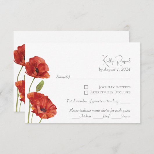 エレガントな赤いポピー水彩花の結婚式出欠確認 出欠カード (正面/裏面)