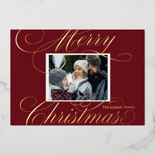 エレガントな赤いメリークリスマスの文字の写真 箔シーズンカード (正面)