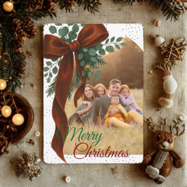 エレガントな赤いリボンとグリーンが美しいクリスマスの写真 シーズンポストカード