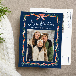 エレガントな赤いリボンとグリーン ネイビー2 フォト シーズンポストカード