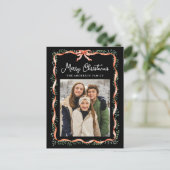 エレガントな赤いリボンとグリーン ブラック 2 枚の写真 シーズンポストカード (スタンド正面)