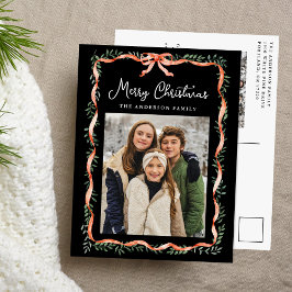 エレガントな赤いリボンとグリーン ブラック 2 枚の写真 シーズンポストカード