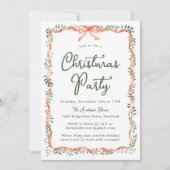 エレガントな赤いリボンとグリーン Christmas Party 招待状 (正面)