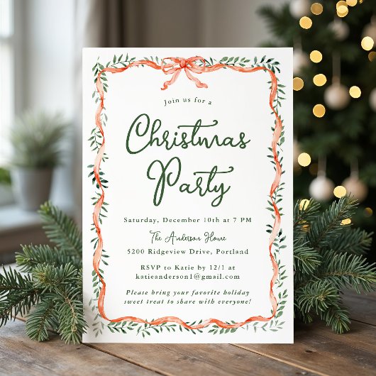 エレガントな赤いリボンとグリーン Christmas Party 招待状
