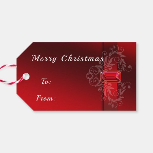エレガントな赤いリボンと輝くルビー ギフトタグ (裏面横)