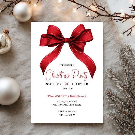 エレガントな赤いリボンのクリスマス パーティー 招待状