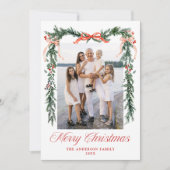 エレガントな赤いリボンのグリーンリース クリスマスの写真 シーズンカード (正面)