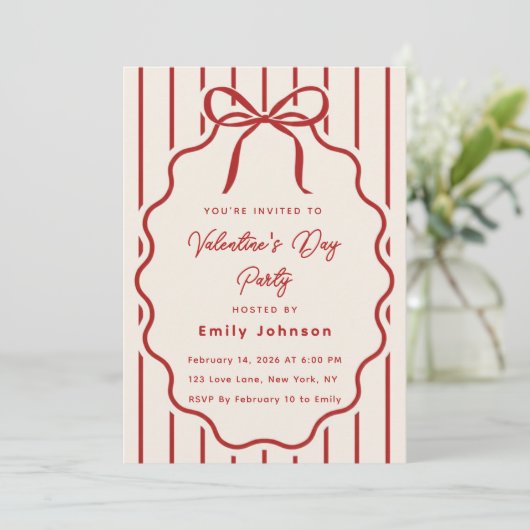 エレガントな赤いリボンのバレンタインデーパーティー招待状 招待状 (スタンド正面)