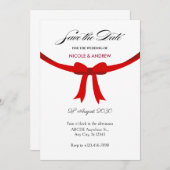 エレガントな赤いリボンの結婚式の蝶結び セーブザデート (正面/裏面)