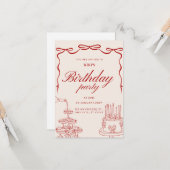 エレガントな赤いリボンの誕生日パーティー招待状 カード (正面/裏面インサイチュ)