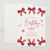 エレガントな赤いリボンの誕生日パーティー招待状 招待状 (正面/裏面)