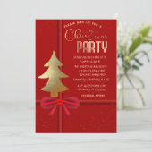 エレガントな赤いリボン、クリスマスツリー クリスマス パーティー 招待状 (スタンド正面)