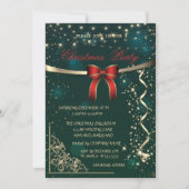 エレガントな赤いリボン、グリーンのコンフェッティ クリスマスパーティー 招待状 (正面)