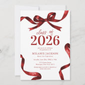 エレガントな赤いリボン 卒業パーティー 招待状 (正面)