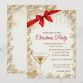 エレガントな赤いリボン、金のガラス、星のクリスマスパーティー招待状 招待状 (正面/裏面)
