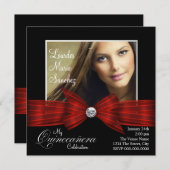 エレガントな赤いリボン 黒赤 フォト キンセアニエラ 招待状 (正面/裏面)