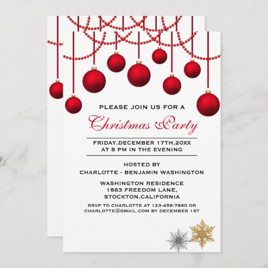 エレガントな赤い宝玉のクリスマスパーティー招待状 招待状 (正面/裏面)