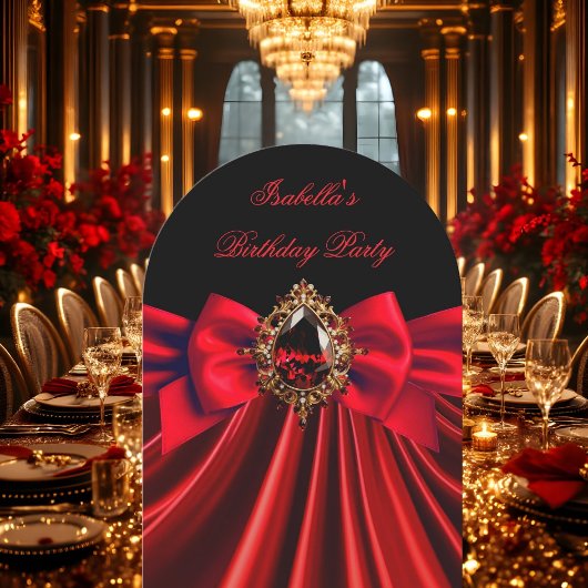 エレガントな赤い宝石と黒いリボンの誕生日パーティー 招待状