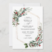 エレガントな赤い実と緑のクリスマスウェディング 招待状 (正面)