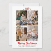 エレガントな赤い手書き風スクリプトのメリークリスマス4枚の写真コラージュ シーズンカード (正面)