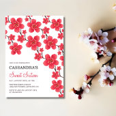 エレガントな赤い桜の花のボタニカル バースデー 招待状