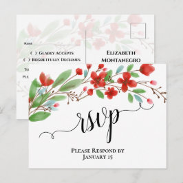 エレガントな赤い水彩の花の結婚式RSVP ポストカード