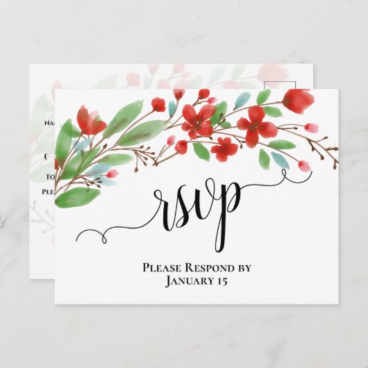 エレガントな赤い水彩花の結婚式出欠確認カード ポストカード (正面/裏面)