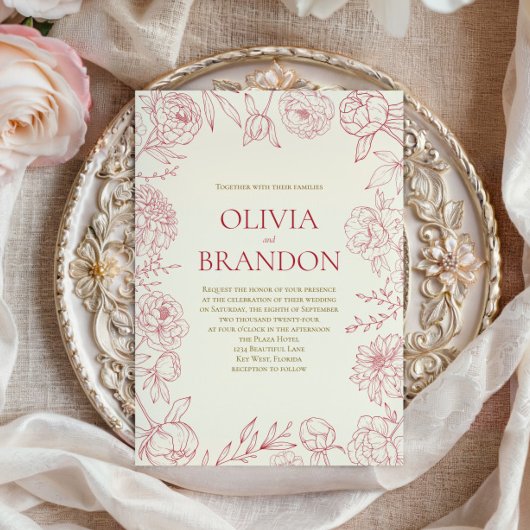 エレガントな赤い牡丹の花の境界線のアート ウェディング 招待状