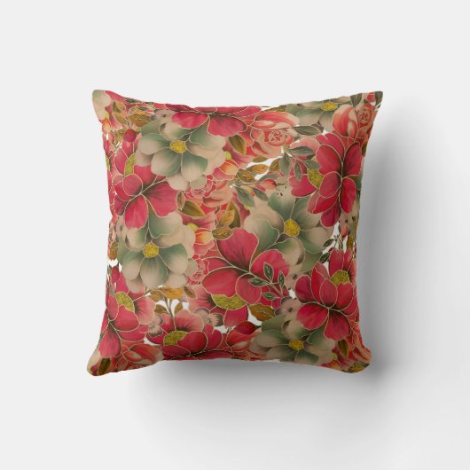 エレガントな赤い珊瑚の緑金ゴールドの水彩画の花柄 クッション (裏面)