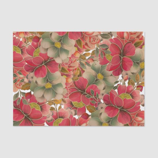 エレガントな赤い珊瑚の緑金ゴールドの水彩画の花柄 薄葉紙 (正面)