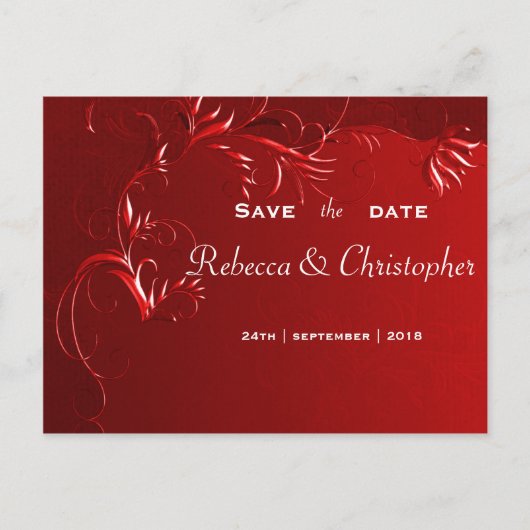 エレガントな赤い結婚式のSave the Date 案内ポストカード (正面)
