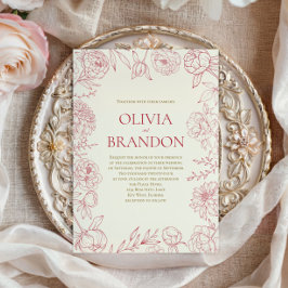 エレガントな赤い芍薬の花の境界線のアート ウェディング 招待状