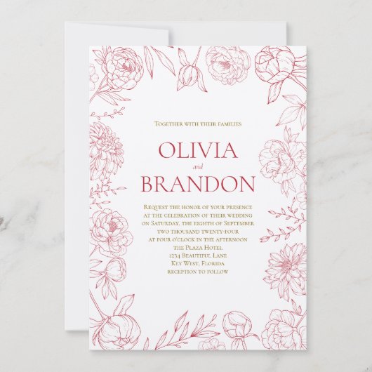 エレガントな赤い芍薬の花の境界線のアート ウェディング 招待状 (正面)