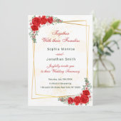 エレガントな赤い花のゴールドフレーム結婚式招待状 招待状 (スタンド正面)