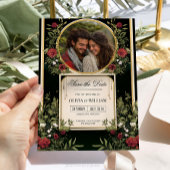 エレガントな赤い花のブラックとゴールドのSave the Date 招待状